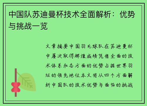 中国队苏迪曼杯技术全面解析：优势与挑战一览