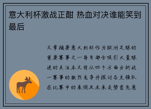 意大利杯激战正酣 热血对决谁能笑到最后