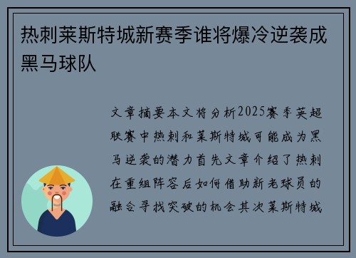 热刺莱斯特城新赛季谁将爆冷逆袭成黑马球队